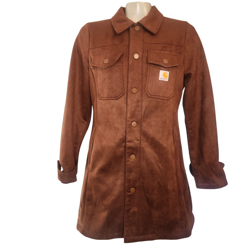Carhartt Womens Brown Faux Suede Button Down Longline Jacket S streetwear fall